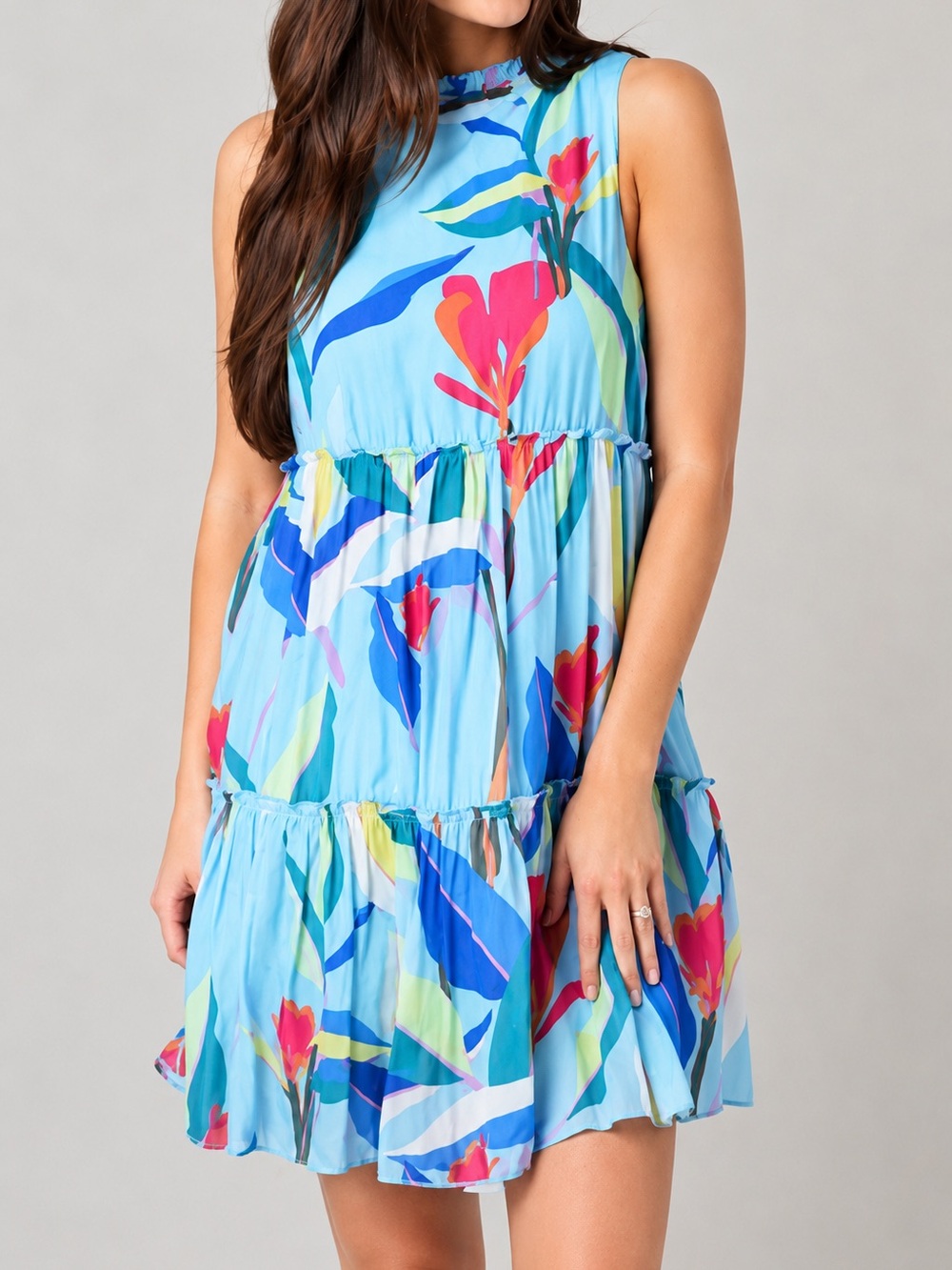 Oliphant Silk Cotton Tropical Floral Tiered Midi Dress Small